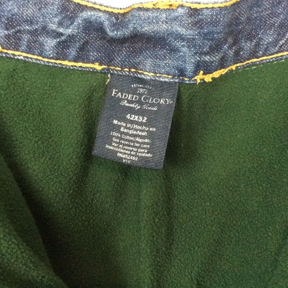 Faded Glory Men’s Jeans Sz 42x32 Green-Fleece Lined Work/Hunting/Outdoor Sports